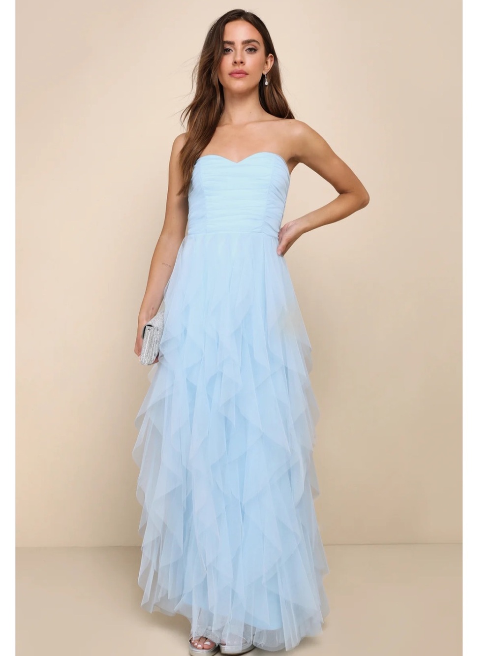 Lulus Delightful Beauty Blue Mesh Strapless Ruched Ruffled Maxi Dress Formal
